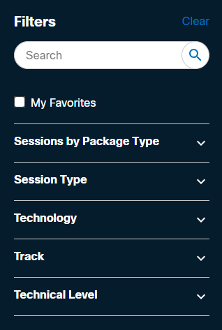 Screenshot of the Session Catalog filters sidebar